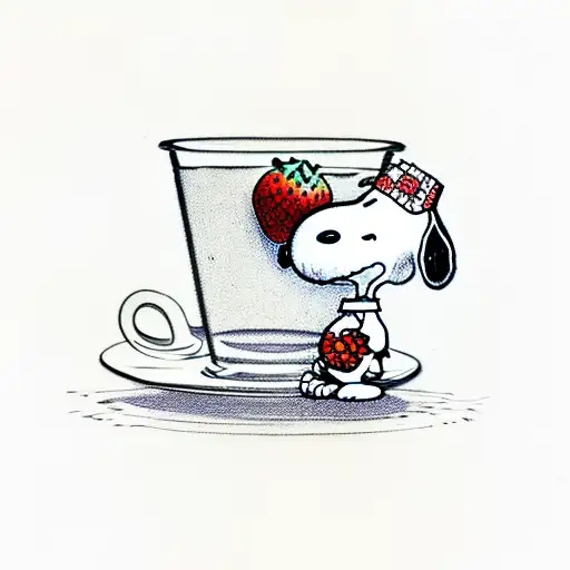 Snoopy Holding A Glass Cup With Strawberry Designs On The Cup