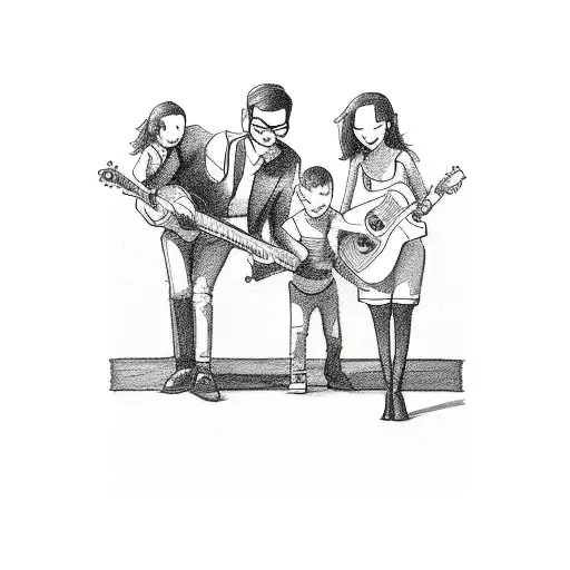 A Sketch-style Design Of A Father Playing A Guitar While His Wife And Sons Dance Around Him