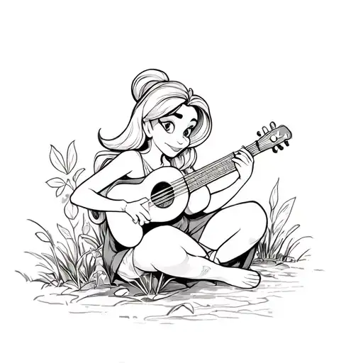 A Sketch Style Tattoo Of A Disney Character Playing A Musical Instrument In A Natural Setting