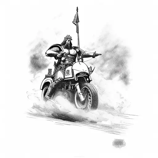 A Greek Warrior Riding A Motorcycle Into Battle