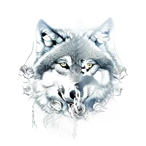 Wolf With Roses And Trees