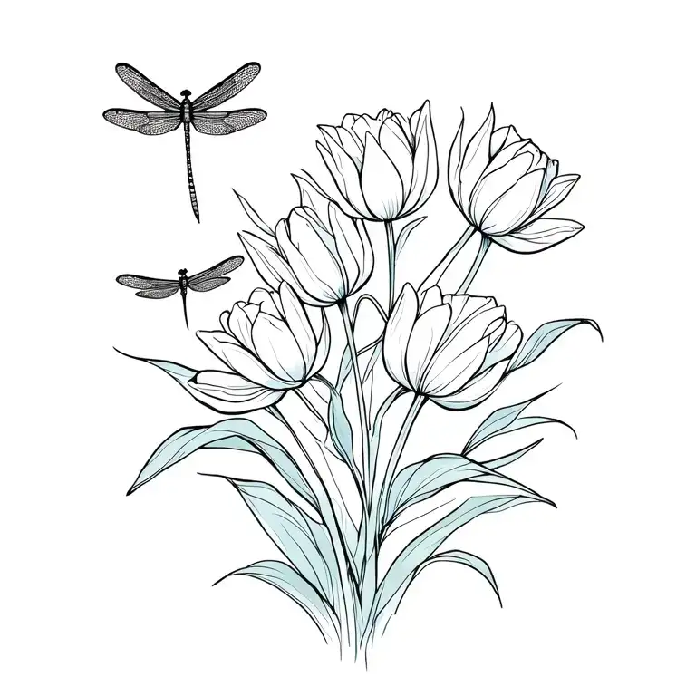 Line Tattoo With Tulips And Dragonflies