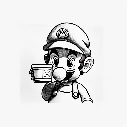 Baby Mario Drinking From A Paper Cup Which Has Karakee Written On It