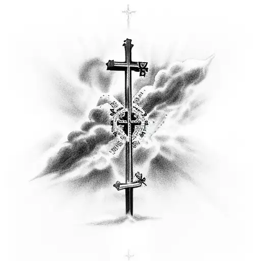 Christian Cross With Clouds And Prayer Hands And Bible Quote