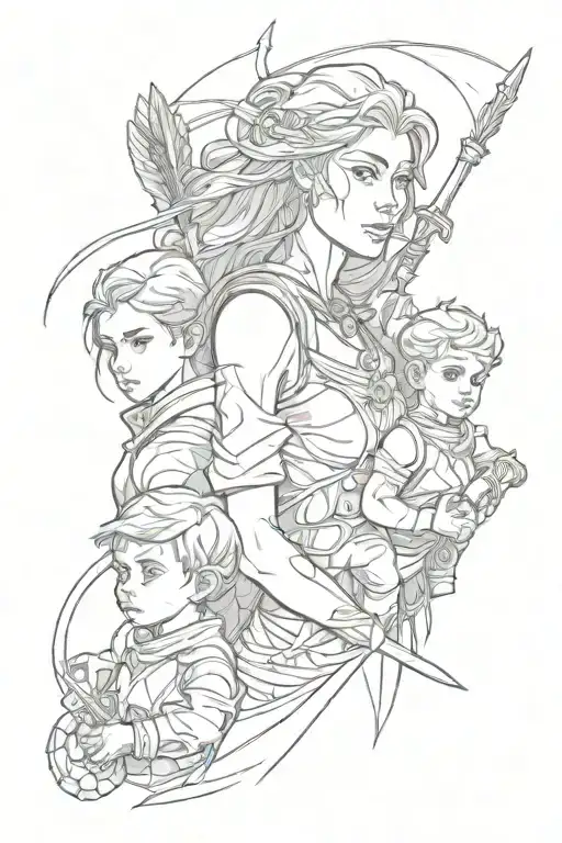 Warrior Mother Protects Her Two Male Children Front Shot And Background Elements