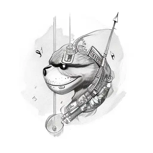 Sketch Of A Red And Black Sleeve Tattoo With Music And Sapper Elements