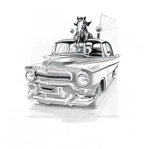 A Detailed Sketch Of A Vintage Car With Jesus Riding In The Driver's Seat