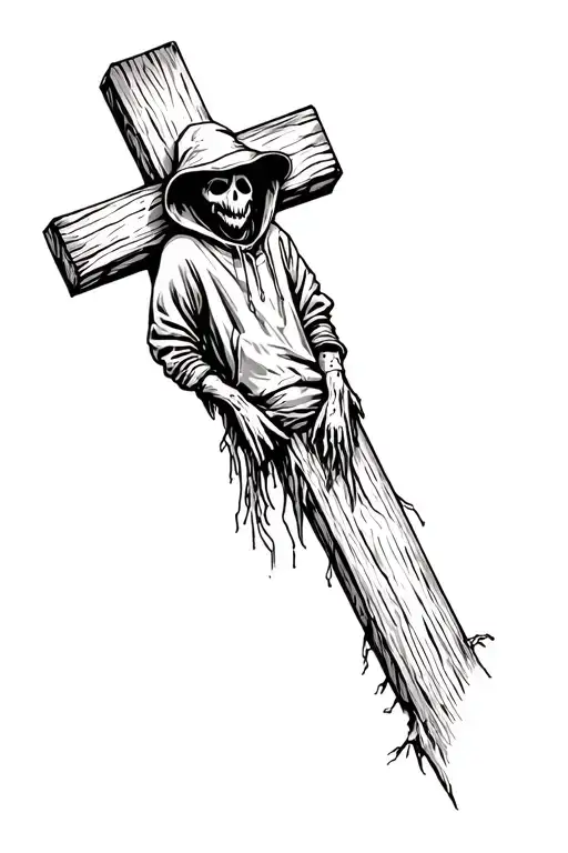 Dark Looking Scarecrow Wearing A Hoodie On Wooden Cross