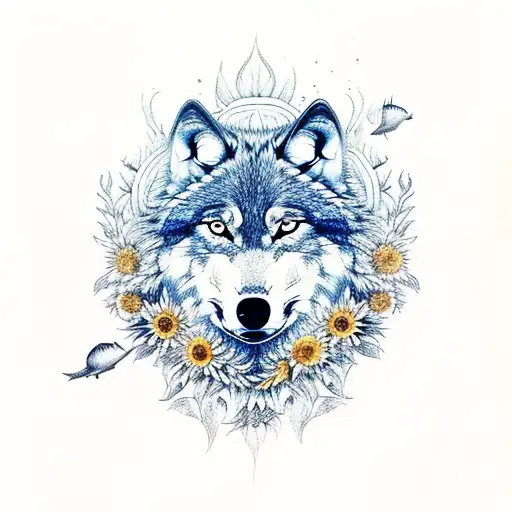 Wolf With Sunflowers And Ocean Theme