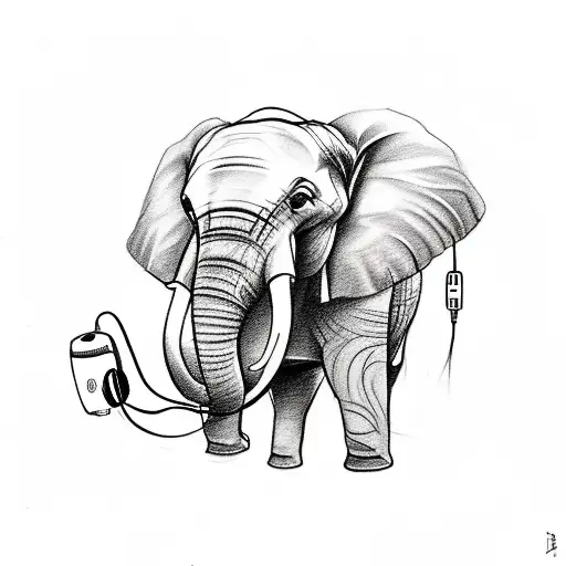 A Sketch-style Tattoo Of An Elephant Wearing Headphones And Djing On A Turntable