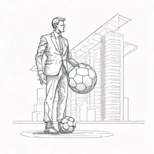 A Sketch Of A Ceo Standing In Front Of A Skyscraper With A Soccer Ball At Their Feet
