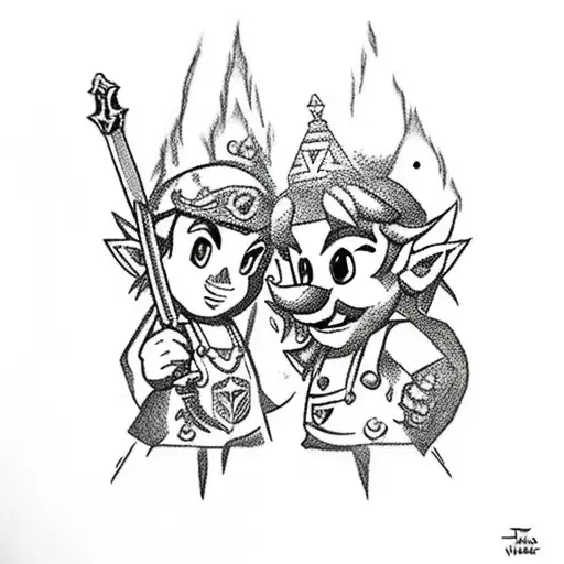 A Dotwork Tattoo Of Zelda And Mario Joining Forces With The Master Sword And A Fireball