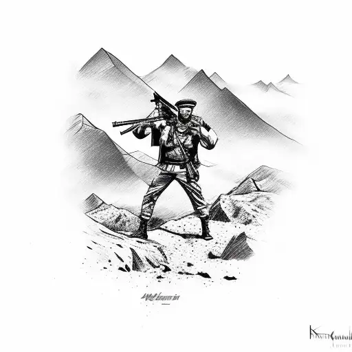 Turkish Soldier With Gun And K9 Dead Soldiers And Mountains