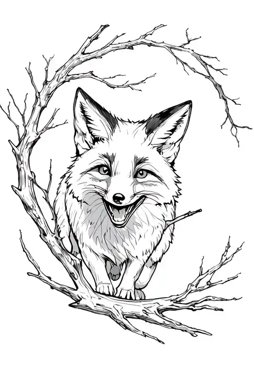 Running Grinning Fox Surrounded By Long Tree Branches