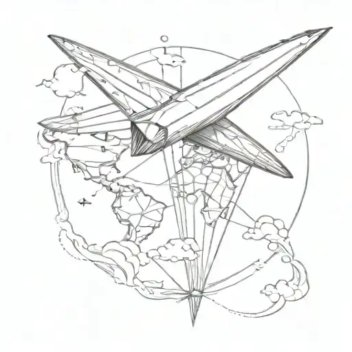Line Art Paper Airplane Flying Over A World