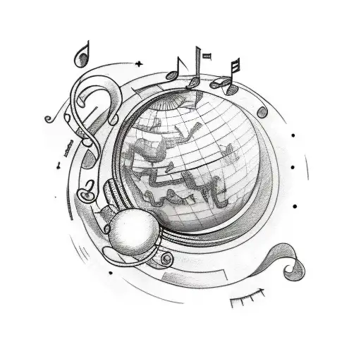 A Sketch-style Tattoo Of Your Daughter Ana Holding A Globe And Surrounded By Musical Notes
