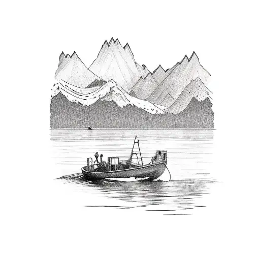A Peaceful Lakeside Scene With A Fishing Boat And Mountains In The Background
