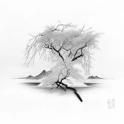 Willow Branches Spelling Out 'Wilow' Black And White Tattoo Drawing