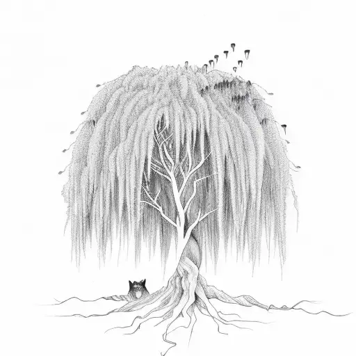 Weeping Willow Tree With Lightning Bugs And A Wolf