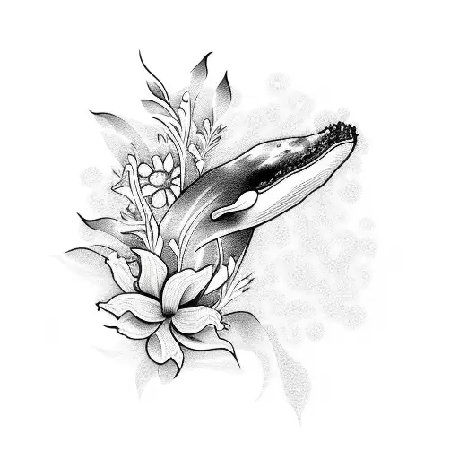 Whale With Lilly Flowers Tattoo Black And White