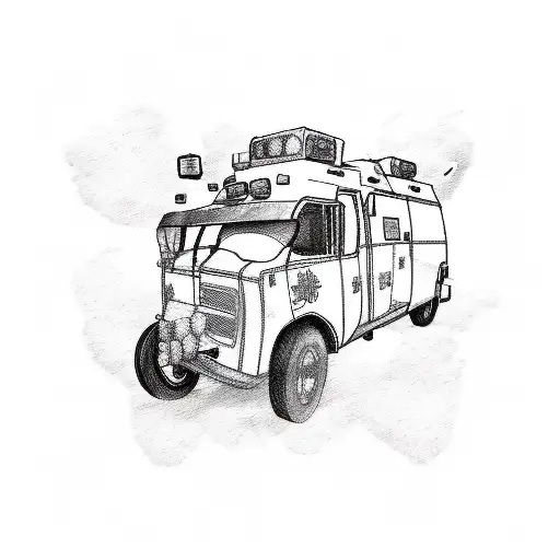 A Sketch Style Tattoo Of An Emt Ambulance With A Dog Driving And Musical Notes Trailing Behind