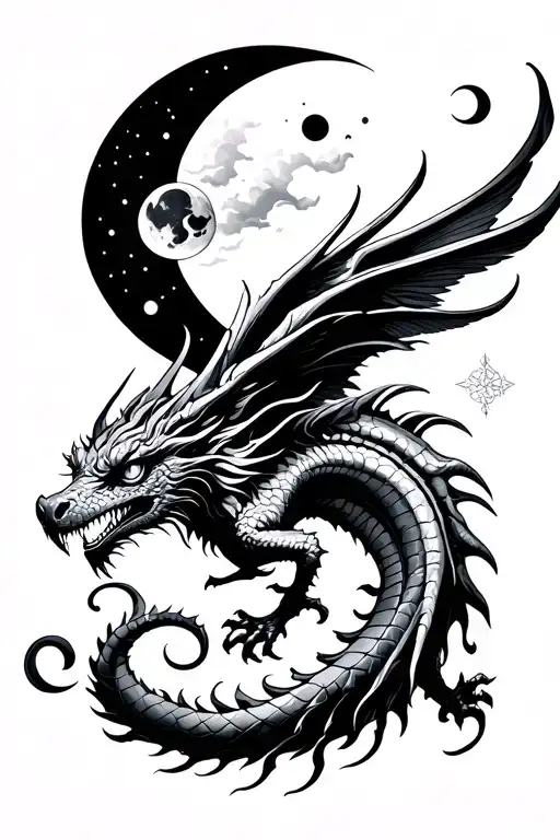 Fantasy Flying Dragon With Moon