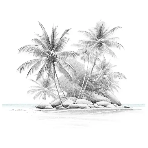 A Serene Beach Scene With Palm Trees And Gentle Waves