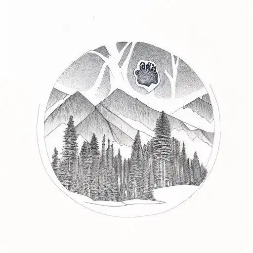 Bear Paw With Trees And Mountains Inside