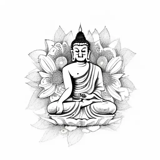 A Sketch-style Design Featuring A Tranquil Buddha Sitting On A Branch With Birds And Flowers