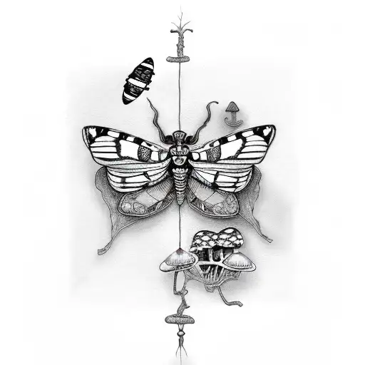 Skeleton With Moth And Mushrooms