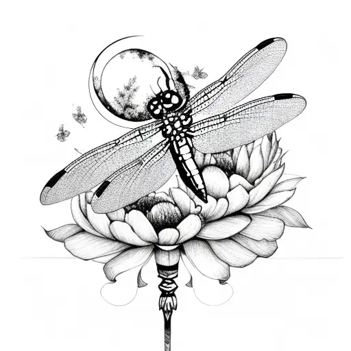 Dragonfly With Moon And Peonies