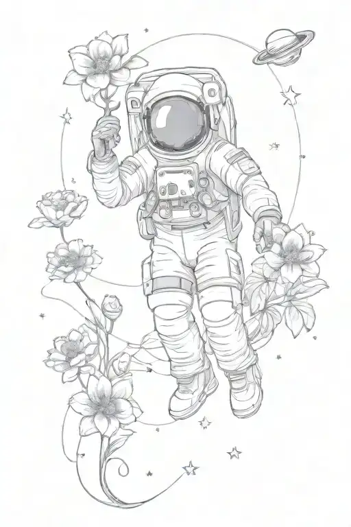 Flowers And Astronaut Floating In Space