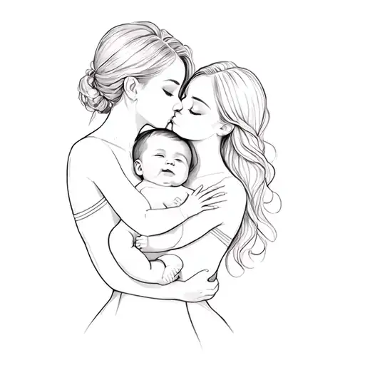 Two Women Kissing A Baby