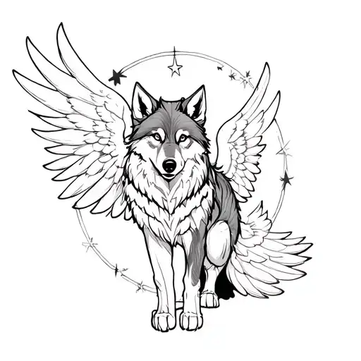Blackwork Anime And Neo-traditional Inspired Tattoo Of A Full Body Wolf With Wings And Stars