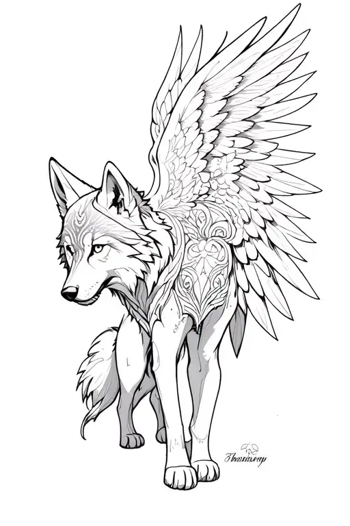 Blackwork Anime And Neo-traditional Inspired Tattoo Of A Full Body Wolf With Wings And Stars