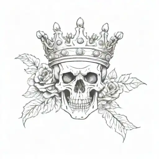 Skull With A Crown On Top Of Its Head With A Rose In Between Its Teeth