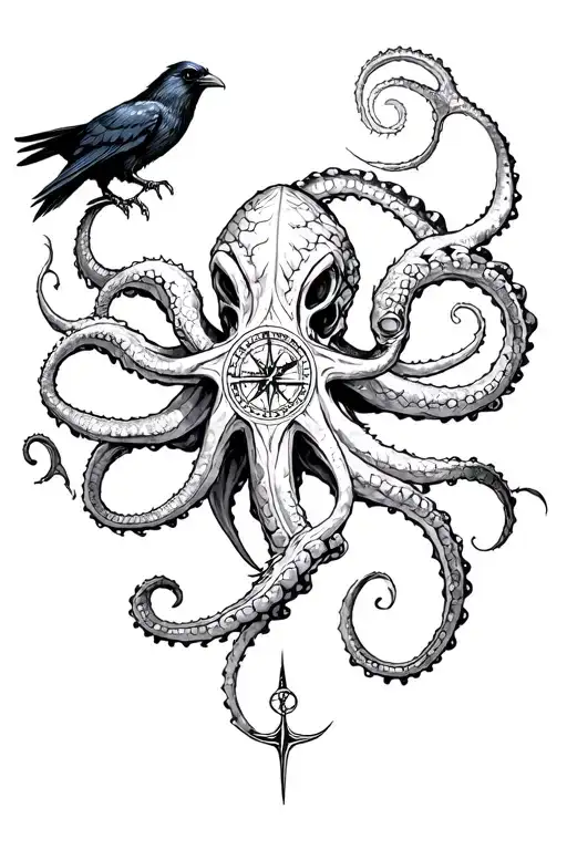 Kraken Holding Compass And Raven Attacking