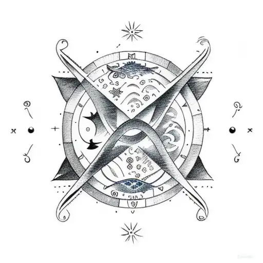 A Minimalistic Small Line Tattoo Of Zodiac Signs Pisces And Aquarius Together