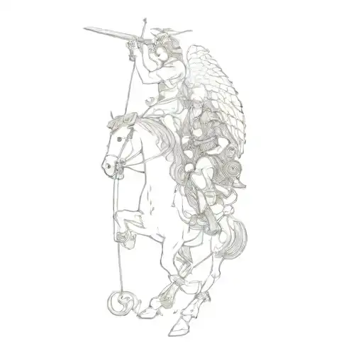 Two Angles Riding On Horses Holding Swords Coming Down From Heaven