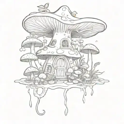 Curvy Winged Fairy In A Mushroom Garden With A Mushroom House And Various Mushrooms