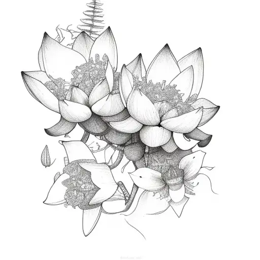 Larkspur Going Up The Spine With A Lotus Flower Behind It And Thorny Vines Spiraling Them