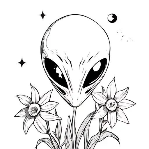 Alien Head And Daffodils And Moon