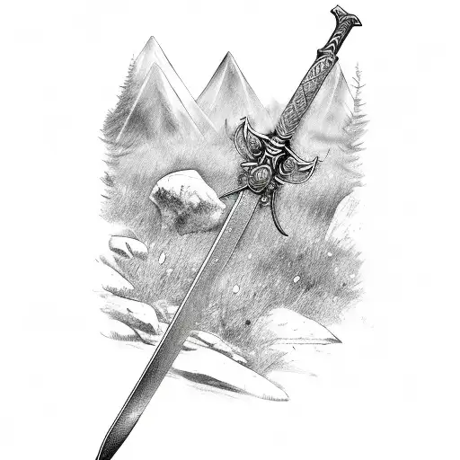 Sword With Ahield And Vegetation