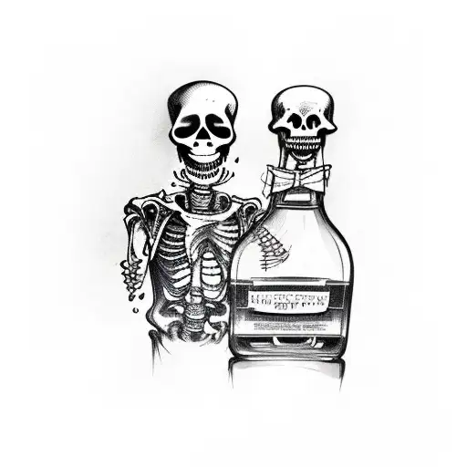Two Skeletons Holding Together Bottle Of Whiskey And In Other Hand Holding Gun