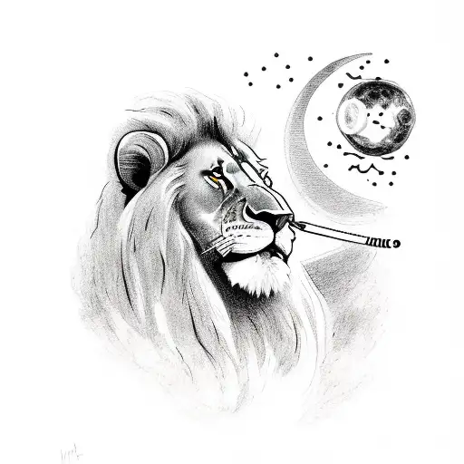 A Lion Smoking A Pipe With The Moon And Stars In The Background