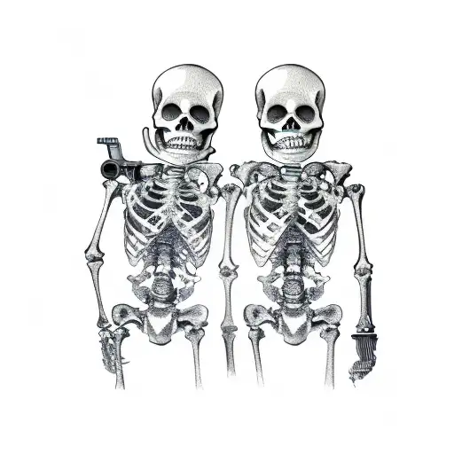 Two Skeletons Holding Together Bottle Of Whiskey And In Other Hand Holding Gun