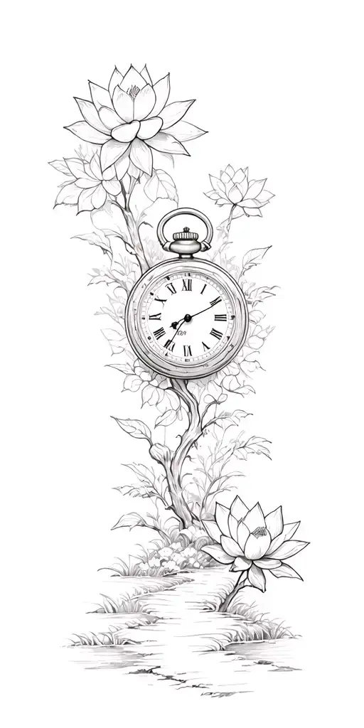 Path Through Forest With Lotus Flowers And Pocket Watch