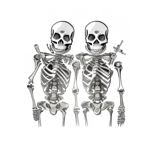 Two Skeletons Holding Together Bottle Of Whiskey And In Other Hand Holding Gun