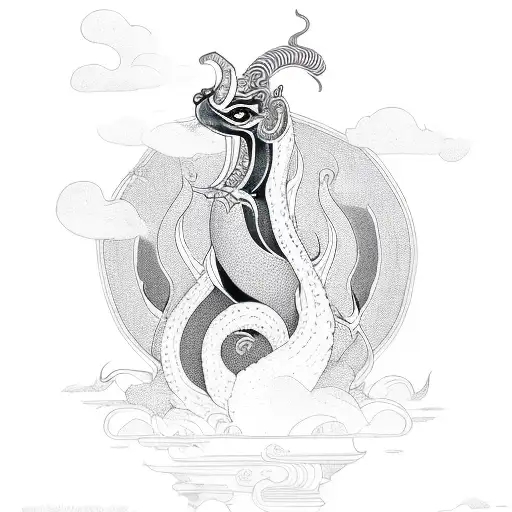 A Serene Thai Style Naga Emerging From A Swirling Cloud Of Black Ink