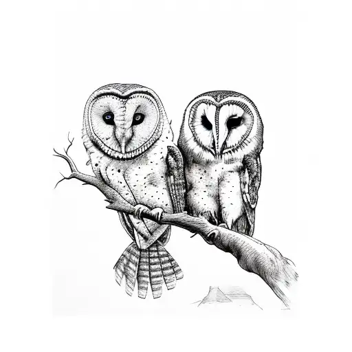 Two Adult Barn Owls In A Tree With Two Owlets